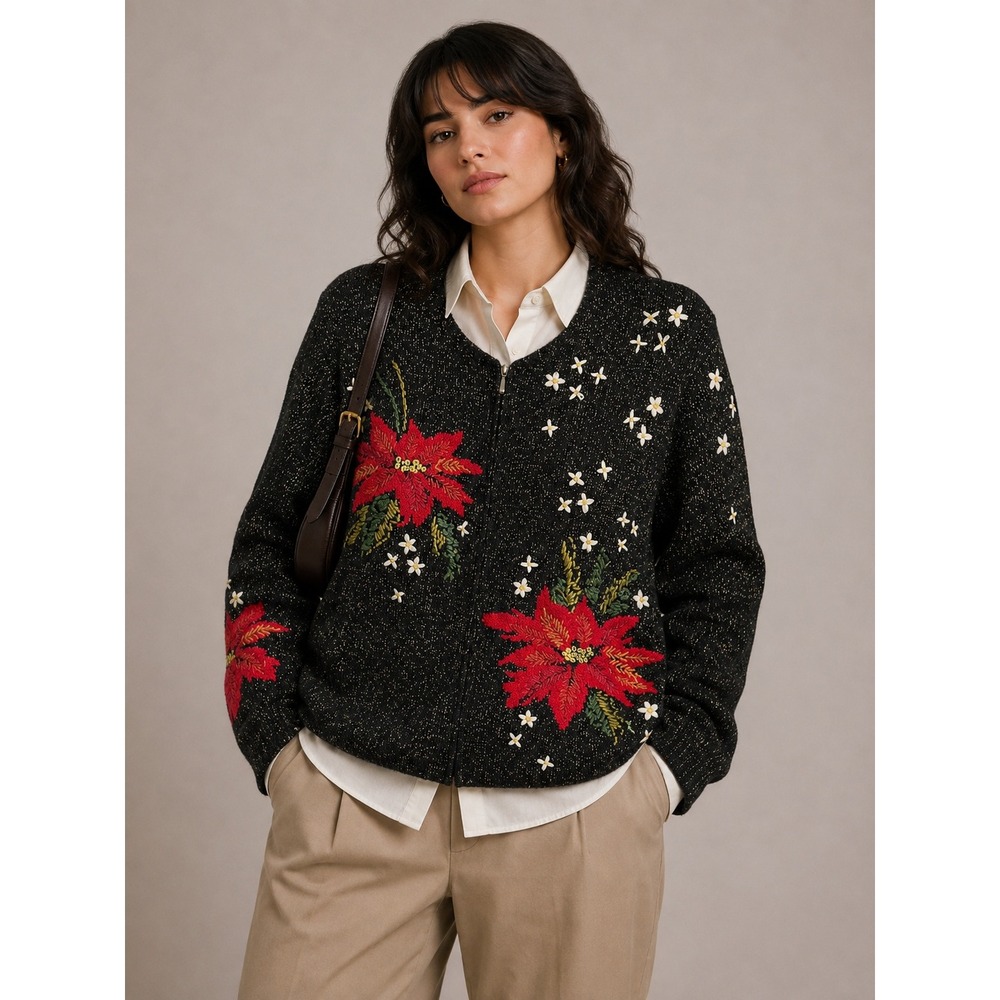 Talbots 90s Poinsettia Silk Blend Cardigan XL Black Metallic Holiday Zip Preppy